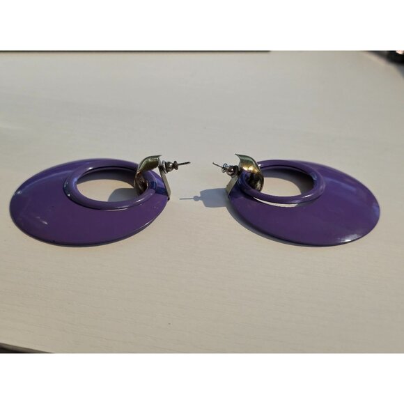 Vintage Purple Enamel Oversized Hoop Statement Earrings With Gold Tone Accent - Picture 5 of 5